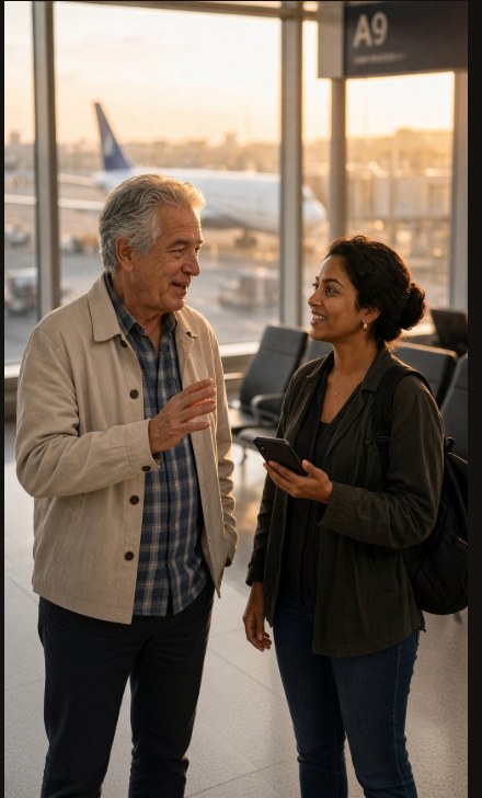 An older man and a younger woman deep in conversation at an airport gate, having just connected on Periyo