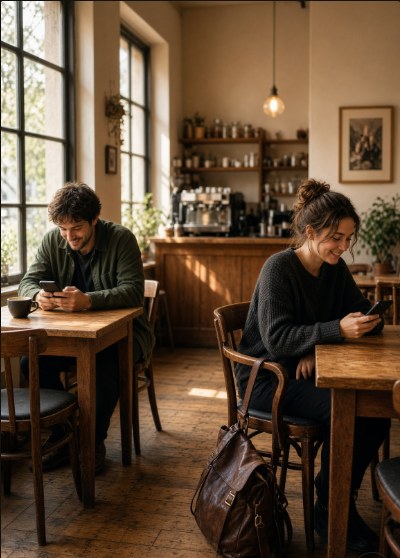 Two strangers in a café, each smiling at a connection notification