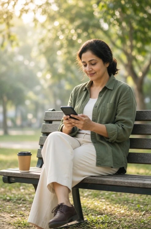 A woman relaxed on a park bench in the morning, calmly checking her phone